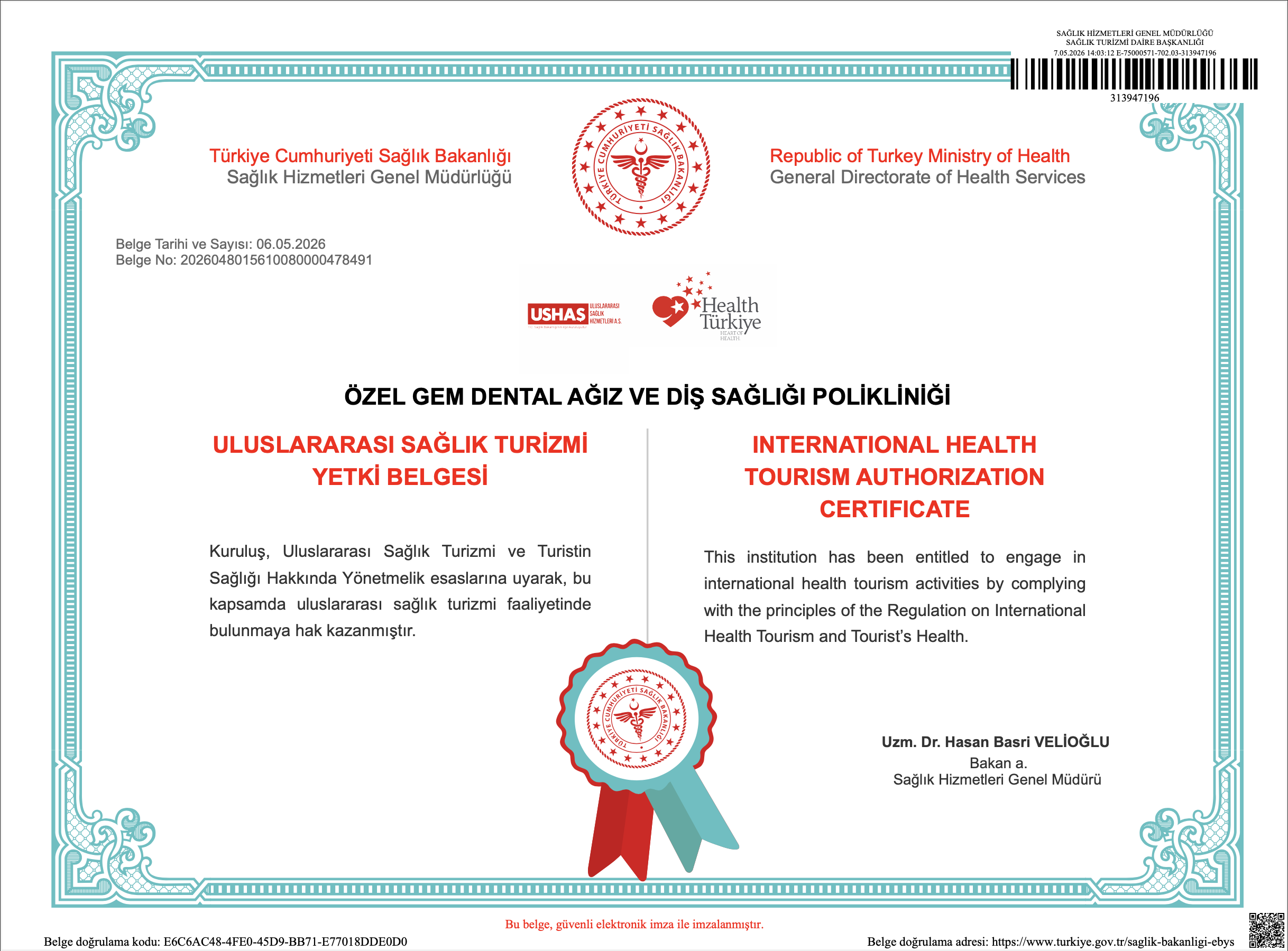 International Health Tourism Authorization Certificate – Gem Dental